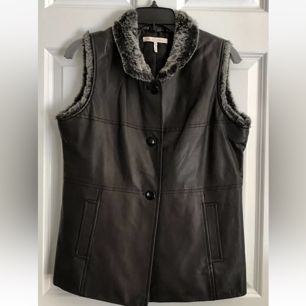 IN SUEDE WOMEN'S VEST SIZE MEDIUM BLACK LEATHER FUR COLLARED MOTO BUTTON DOWNps2